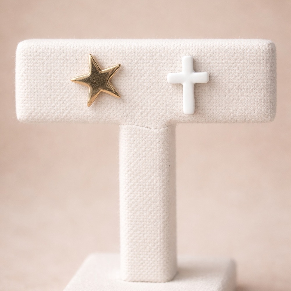 Gold Star & White Cross Stud Earrings Mismatched Minimal Set